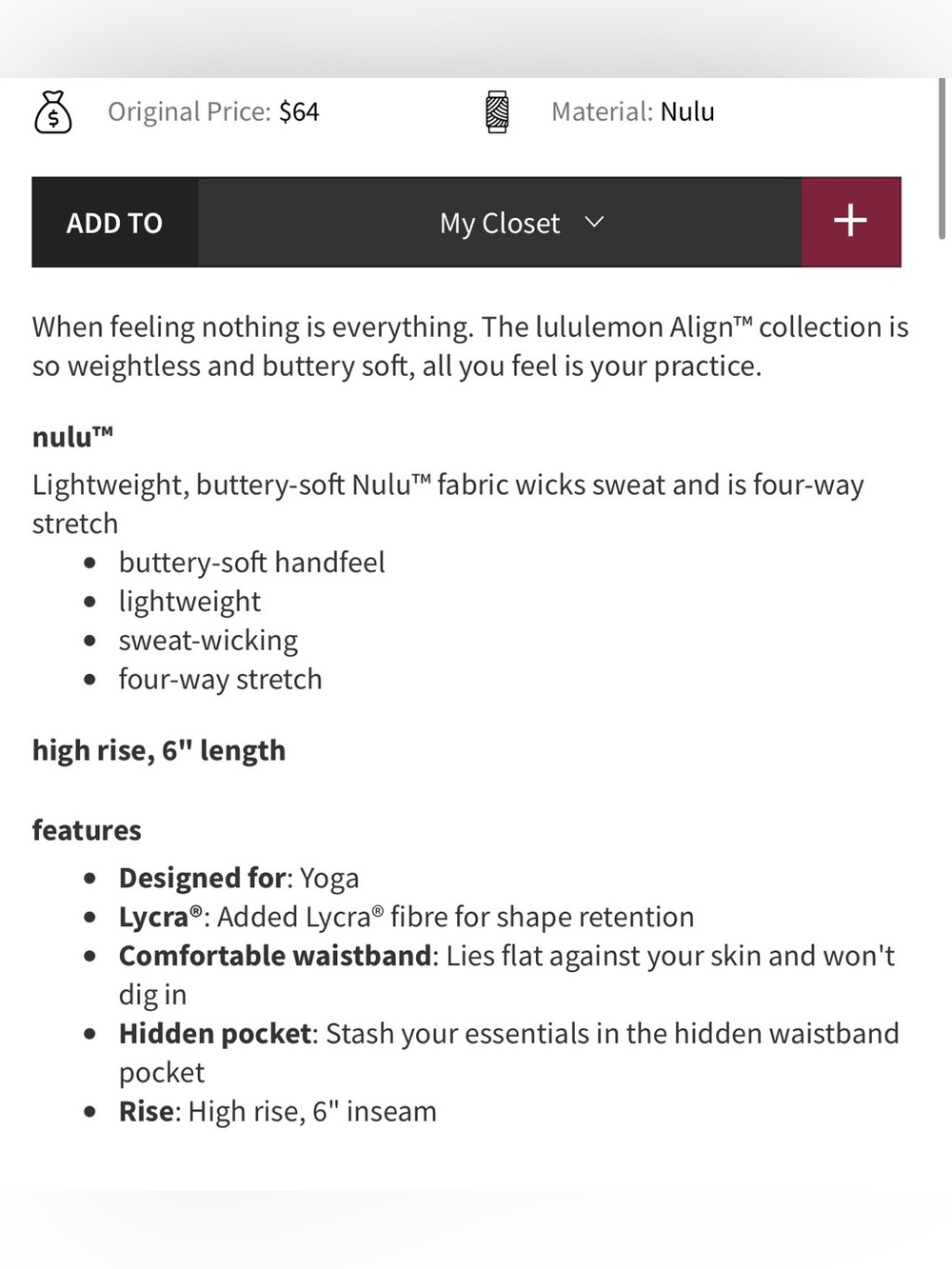 LULULEMON Align High Rise Short 6" NWT - Picture 12 of 12